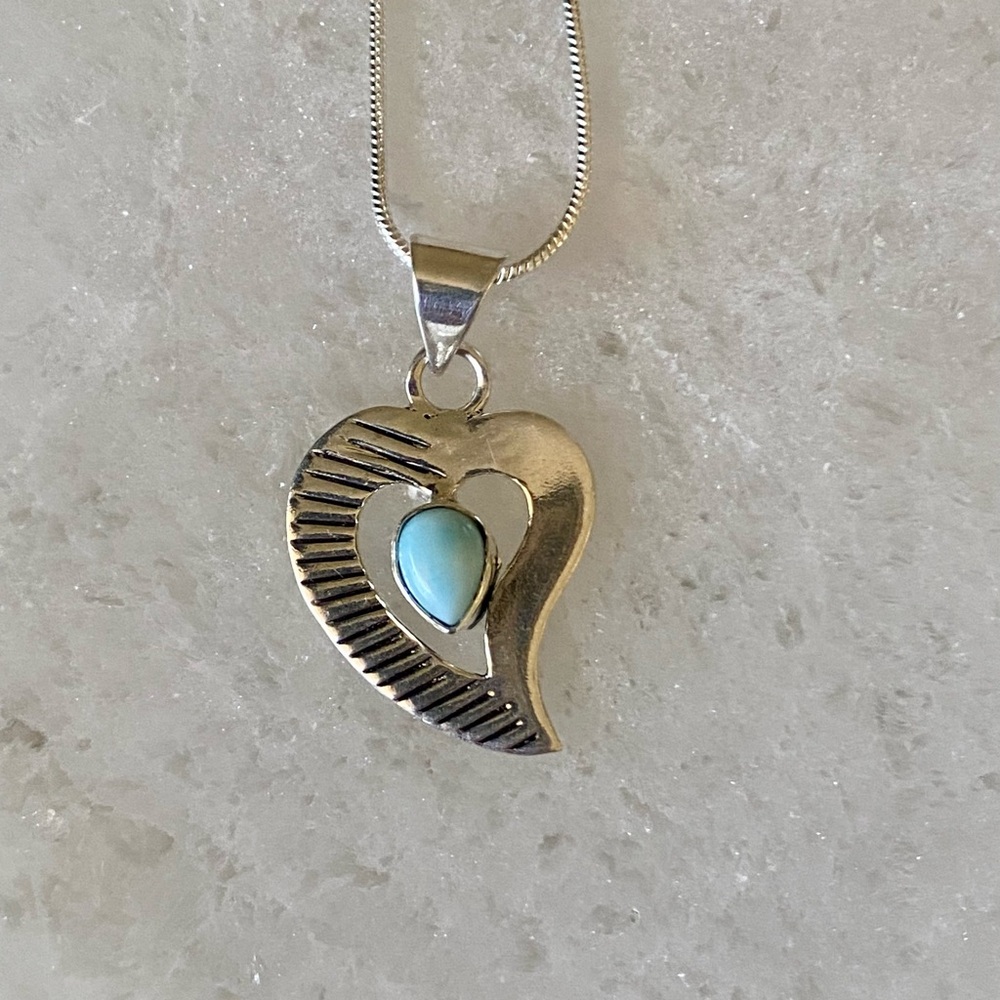 Larimar & 925 Sterling Silver Heart Pendant – from Dominican Republic, gift bag